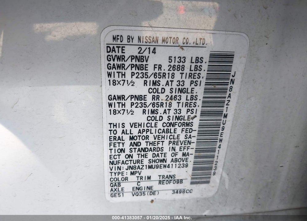 2014 NISSAN MURANO SL VIN: JN8AZ1MU9EW411239