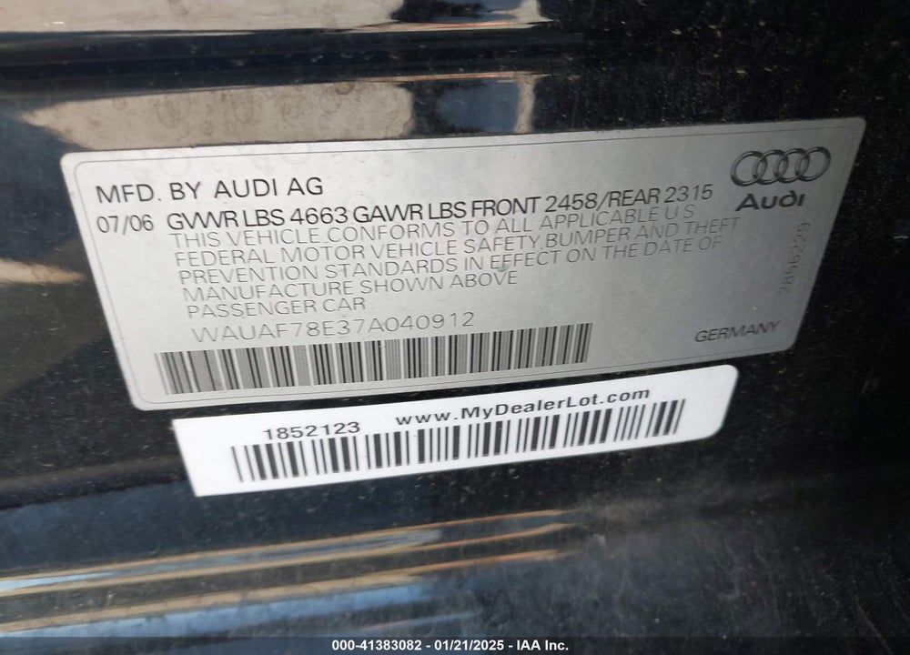 2007 AUDI A4 2.0T VIN: WAUAF78E37A040912