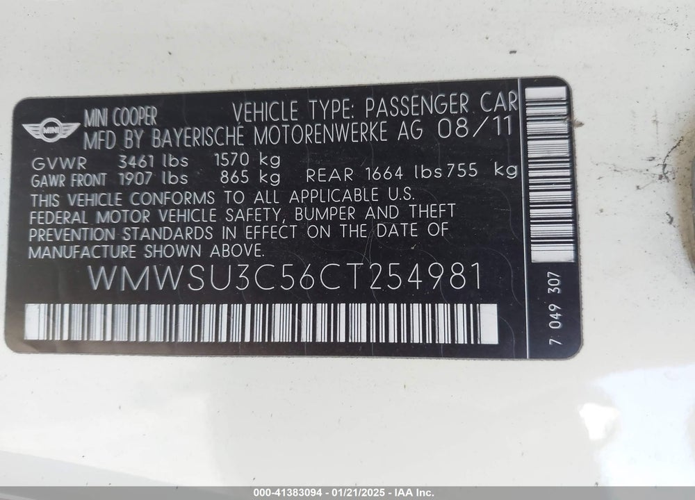 2012 MINI COOPER VIN: WMWSU3C56CT254981