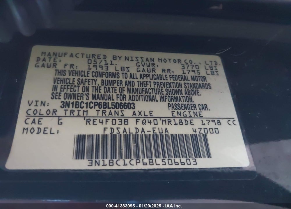 2011 NISSAN VERSA 1.8S VIN: 3N1BC1CP6BL506603