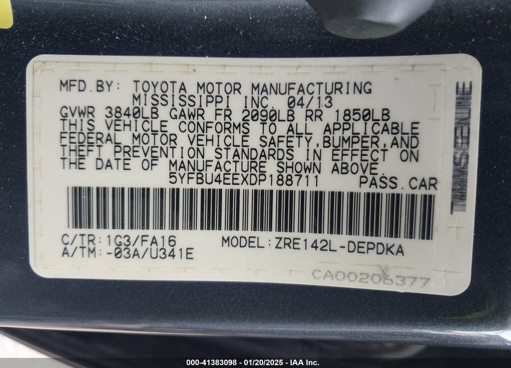 2013 TOYOTA COROLLA L VIN: 5YFBU4EEXDP188711