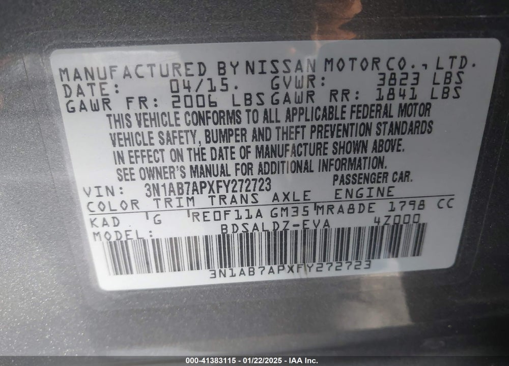 2015 NISSAN SENTRA SV VIN: 3N1AB7APXFY272723