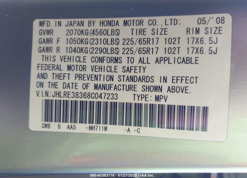 2008 HONDA CR-V LX VIN: JHLRE38368C047233