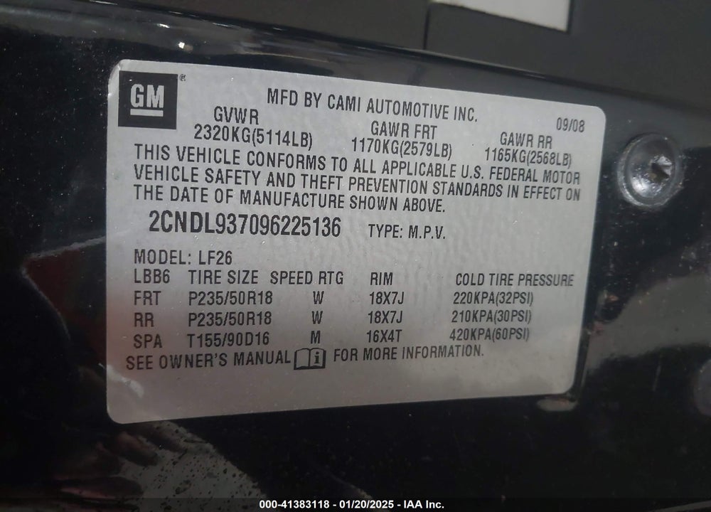 2009 CHEVROLET EQUINOX SPORT VIN: 2CNDL937096225136