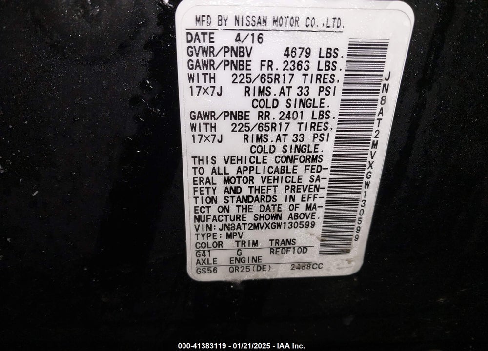 2016 NISSAN ROGUE S VIN: JN8AT2MVXGW130599