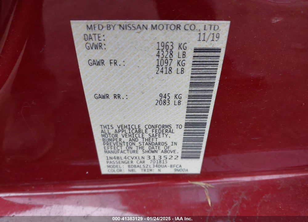 2020 NISSAN ALTIMA VIN: 1N4BL4CVXLN313522