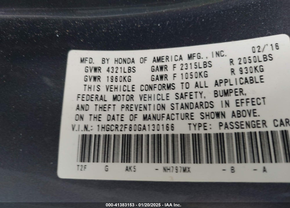 2016 HONDA ACCORD EX-L VIN: 1HGCR2F80GA130166