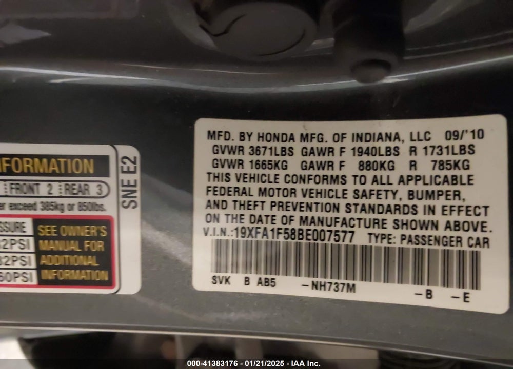 2011 HONDA CIVIC SDN VIN: 19XFA1F58BE007577