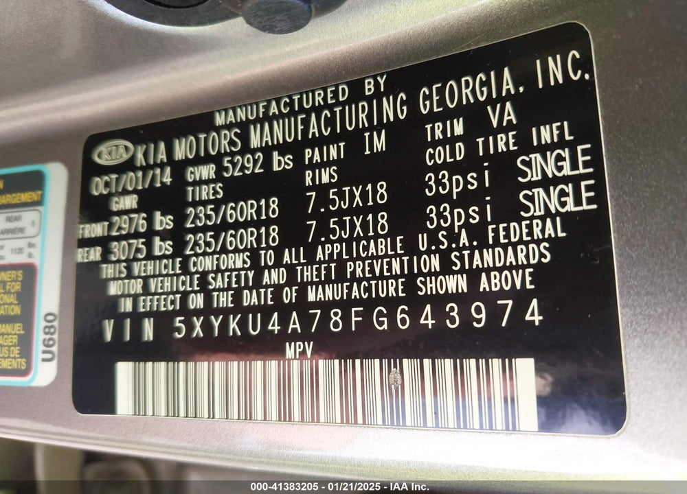 2015 KIA SORENTO EX V6 VIN: 5XYKU4A78FG643974