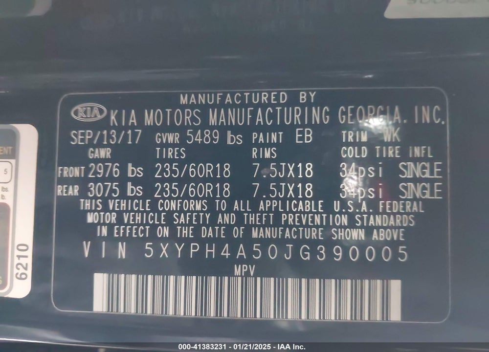 2018 KIA SORENTO 3.3L EX VIN: 5XYPH4A50JG390005