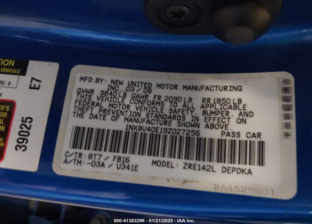 2009 TOYOTA COROLLA VIN: 1NXBU40E19Z027256
