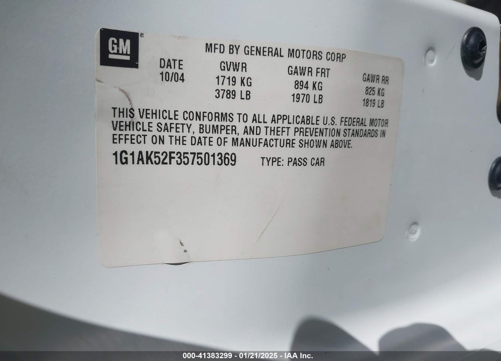 2005 CHEVROLET COBALT VIN: 1G1AK52F357501369