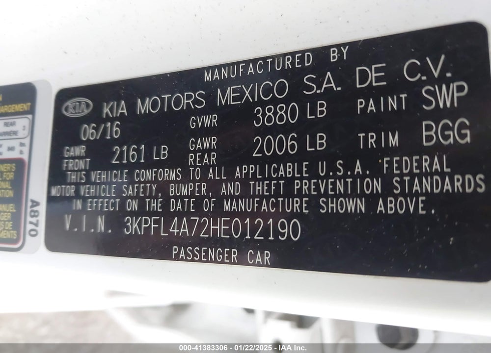2017 KIA FORTE LX VIN: 3KPFL4A72HE012190