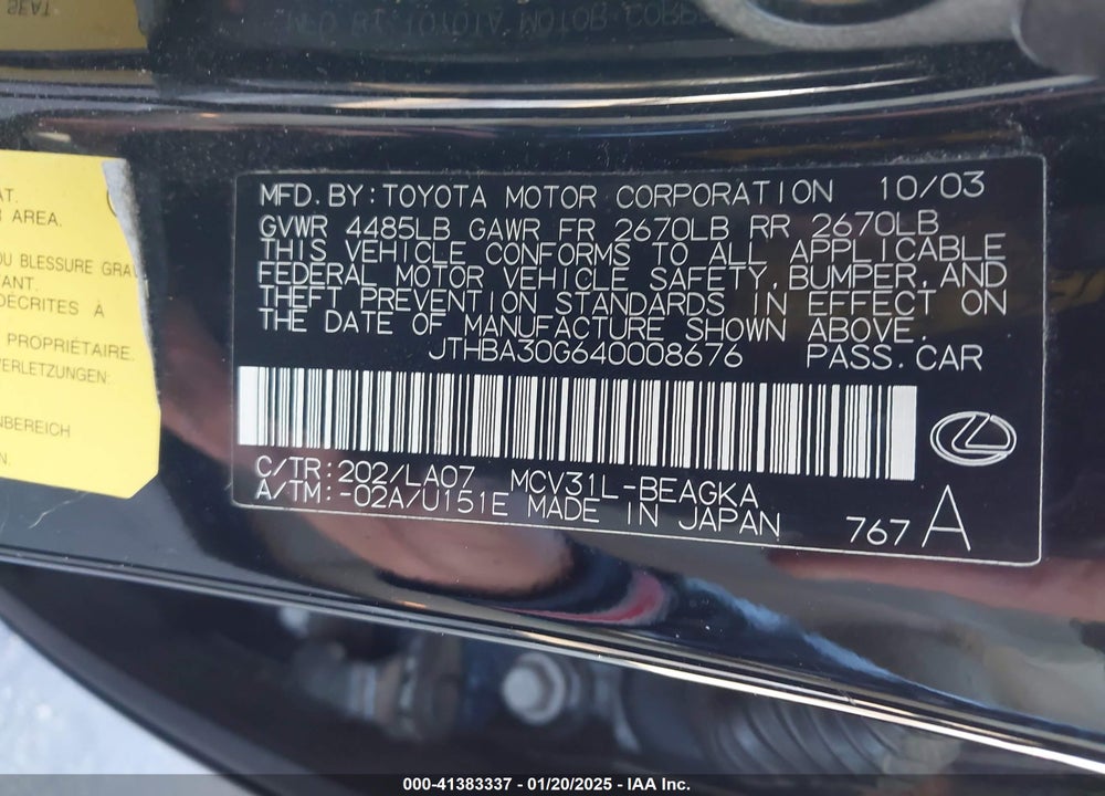 2004 LEXUS ES 330 VIN: JTHBA30G640008676