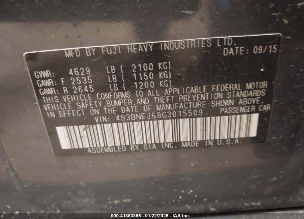 2016 SUBARU LEGACY VIN: 4S3BNEJ68G3015509