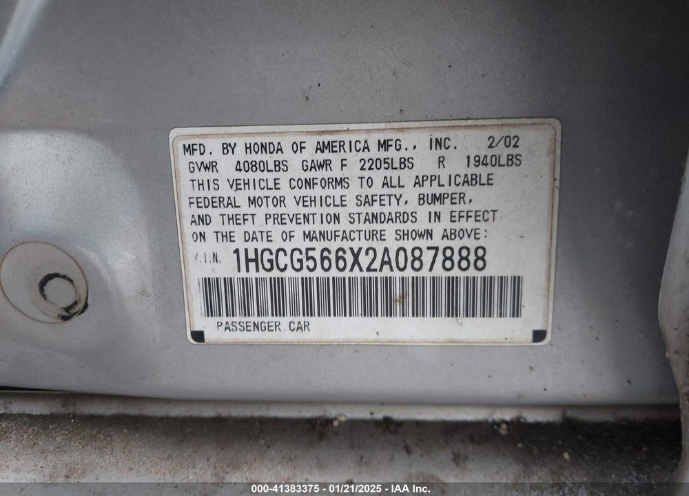 2002 HONDA ACCORD 2.3 EX VIN: 1HGCG566X2A087888