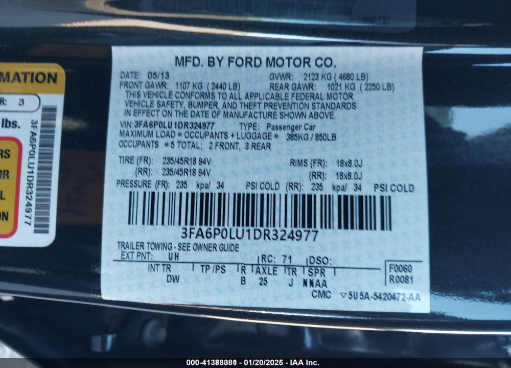 2013 FORD FUSION HYBRID VIN: 3FA6P0LU1DR324977