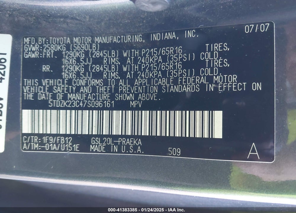2007 TOYOTA SIENNA CE VIN: 5TDZK23C47S096161