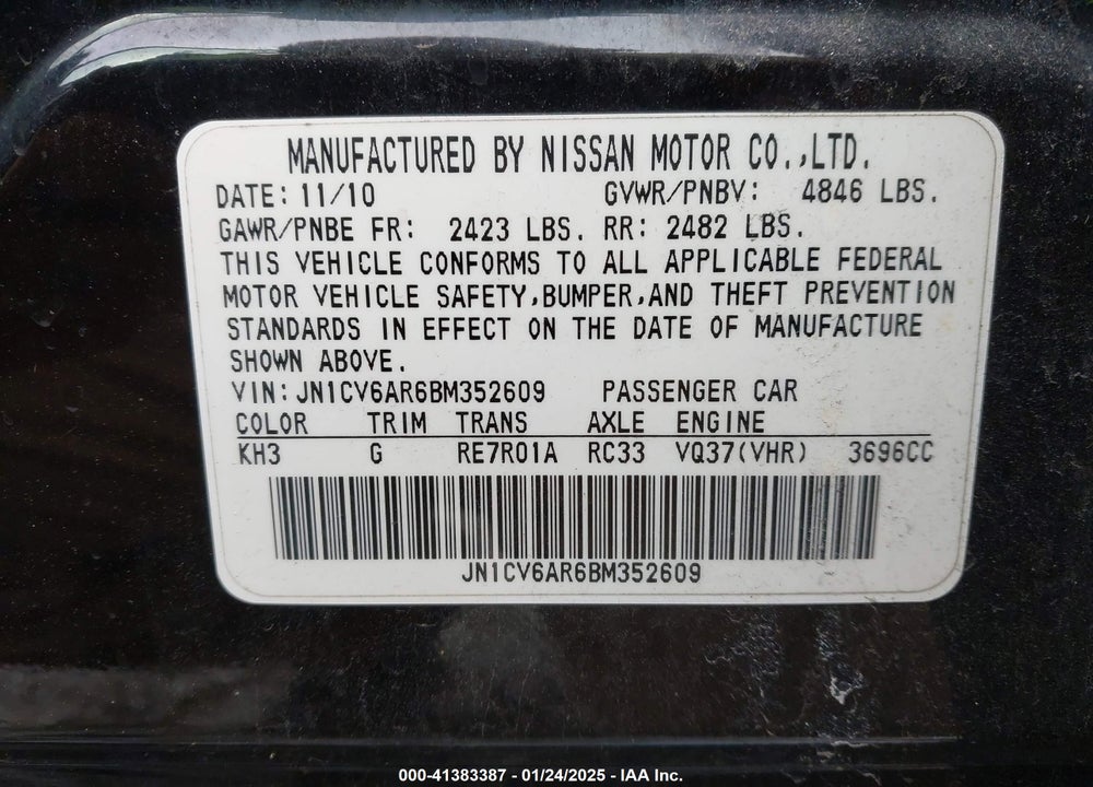 2011 INFINITI G37X VIN: JN1CV6AR6BM352609