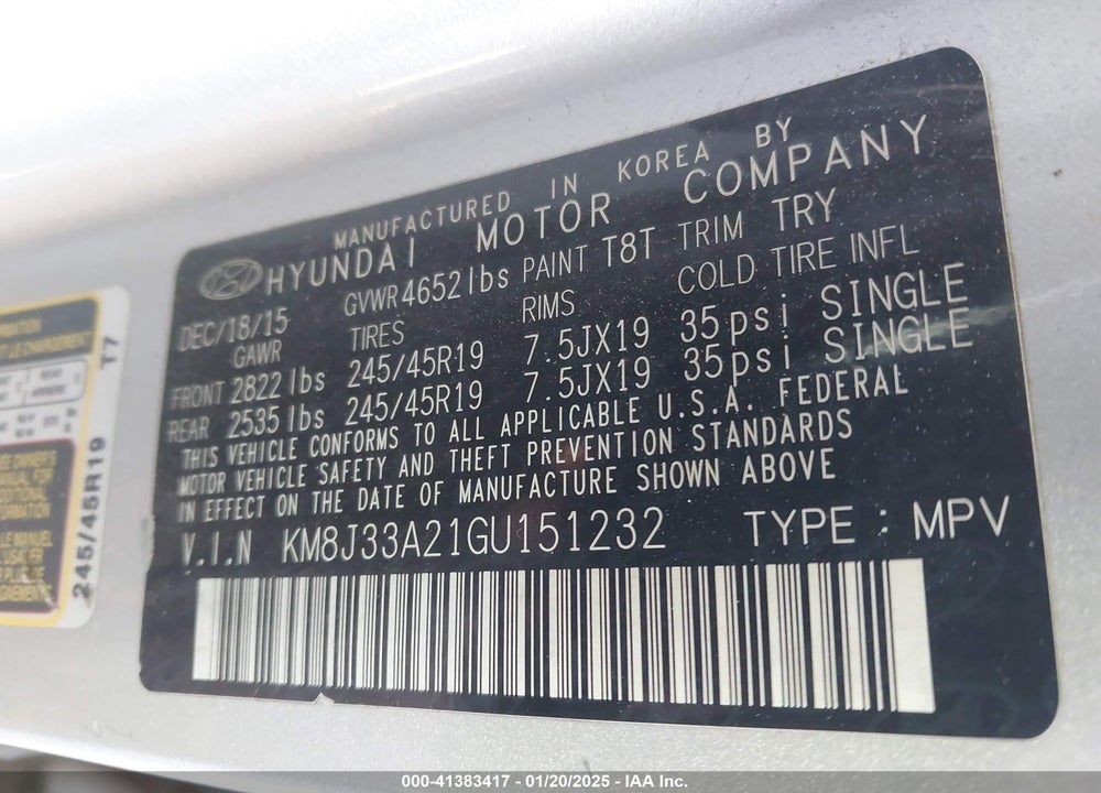 2016 HYUNDAI TUCSON LIMITED VIN: KM8J33A21GU151232