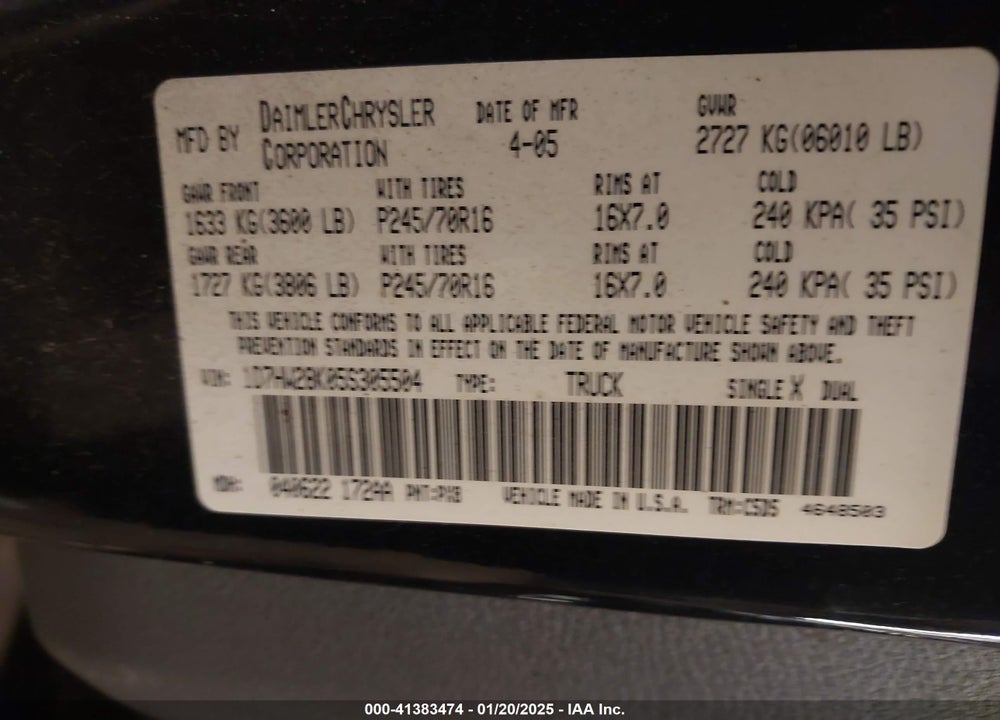 2005 DODGE DAKOTA ST VIN: 1D7HW28K05S305504