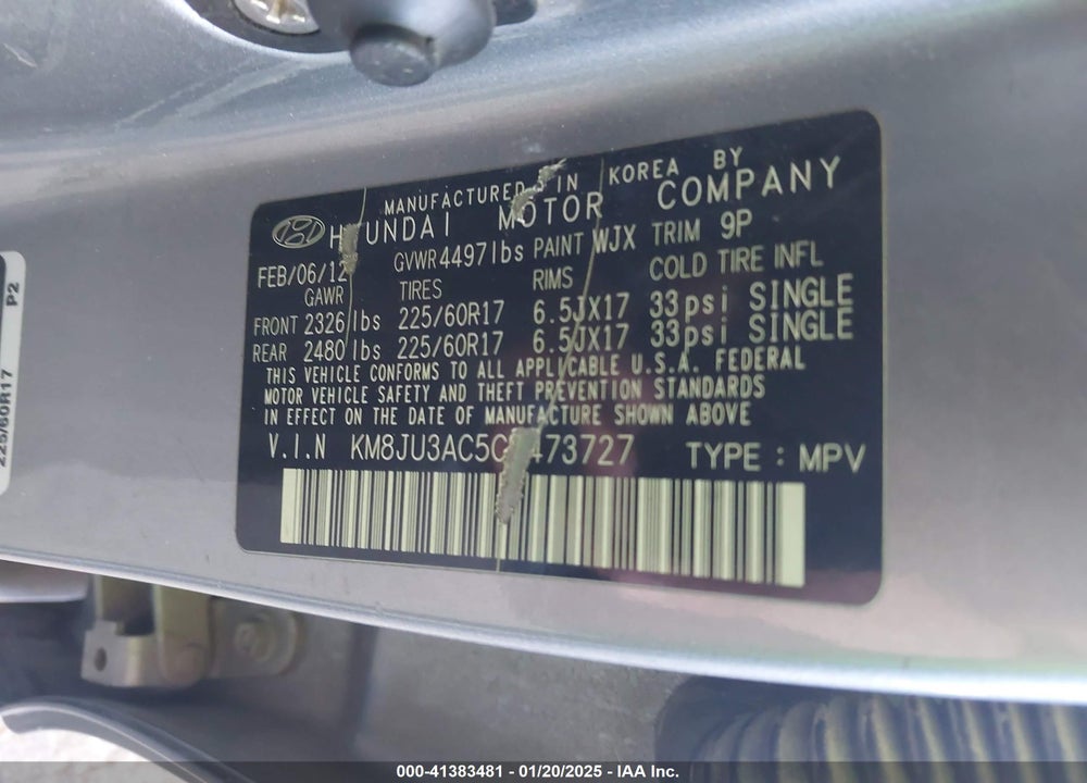 2012 HYUNDAI TUCSON GLS VIN: KM8JU3AC5CU473727