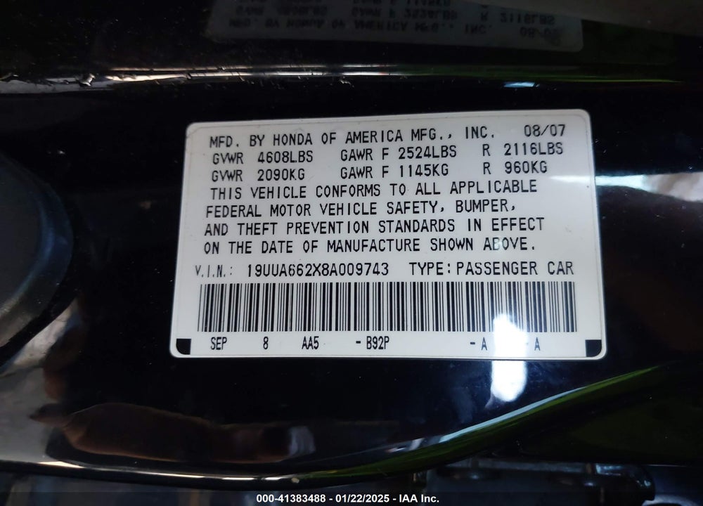 2008 ACURA TL 3.2 VIN: 19UUA662X8A009743