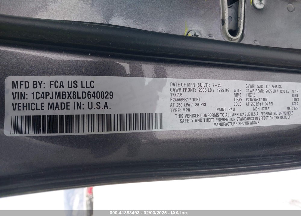 2020 JEEP CHEROKEE VIN: 1C4PJMBX8LD640029