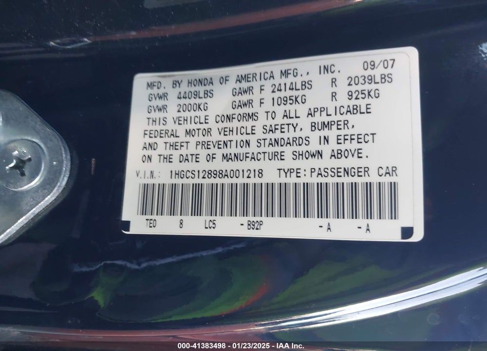 2008 HONDA ACCORD 2.4 EX-L VIN: 1HGCS12898A001218