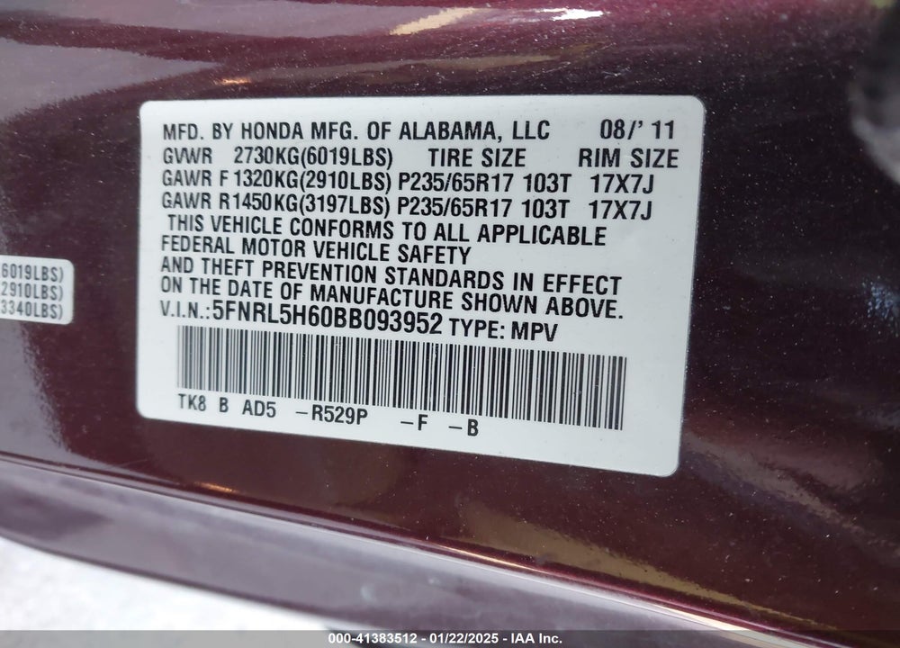 2011 HONDA ODYSSEY EX-L VIN: 5FNRL5H60BB093952