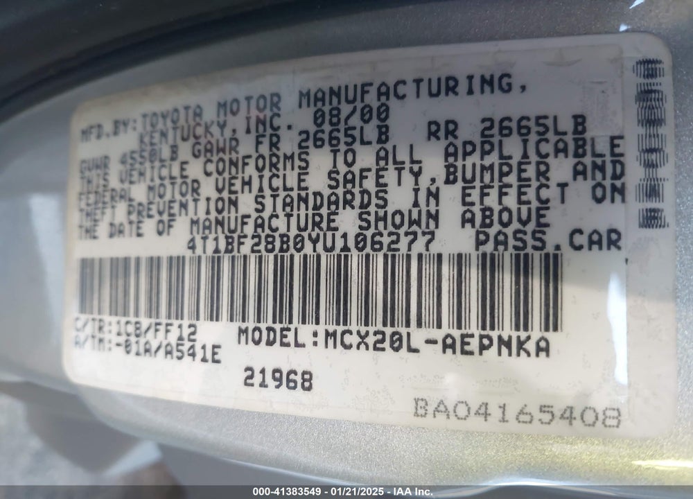 2000 TOYOTA AVALON XL VIN: 4T1BF28B0YU106277