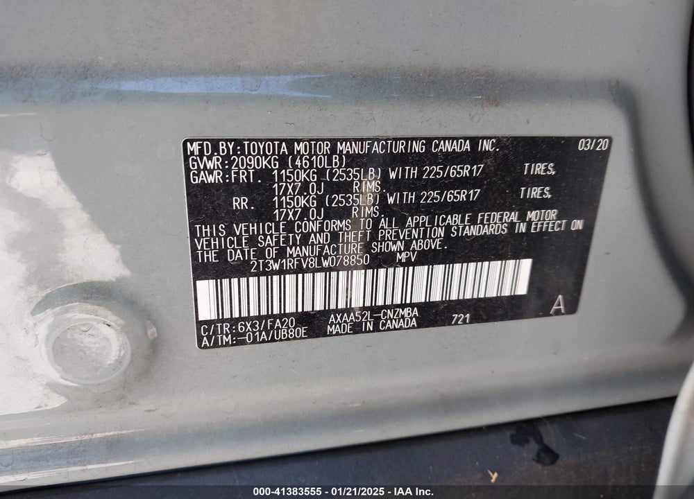 2020 TOYOTA RAV4 XLE VIN: 2T3W1RFV8LW078850