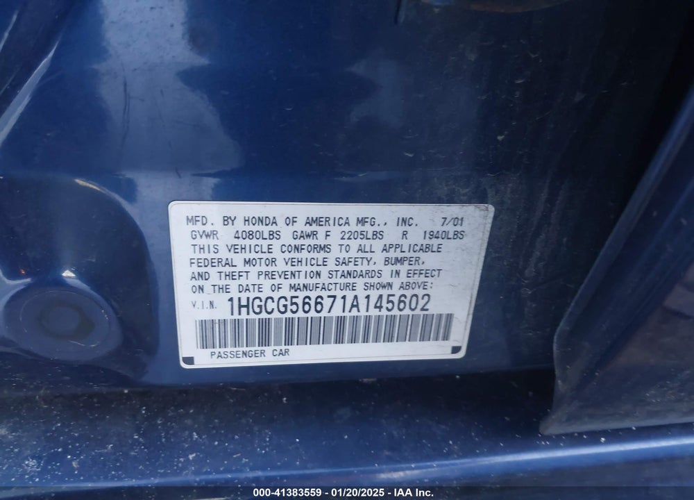 2001 HONDA ACCORD 2.3 EX VIN: 1HGCG56671A145602