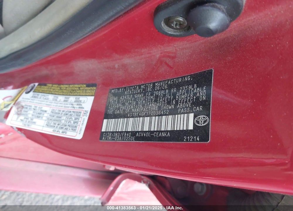 2007 TOYOTA CAMRY LE VIN: 4T1BE46K37U036452
