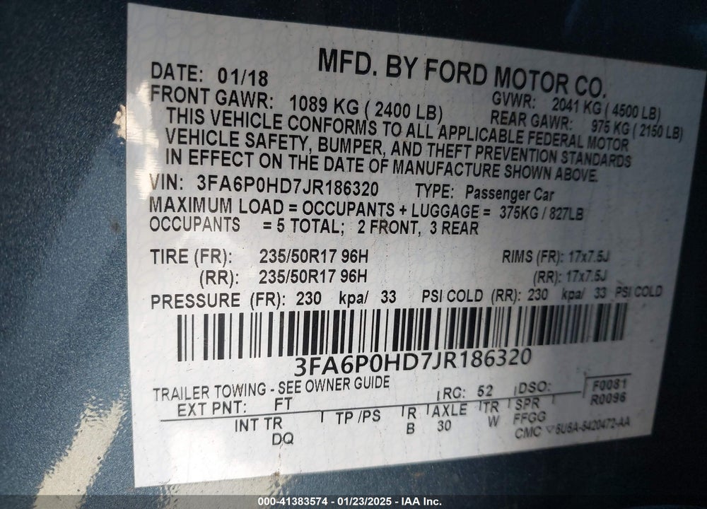 2018 FORD FUSION VIN: 3FA6P0HD7JR186320