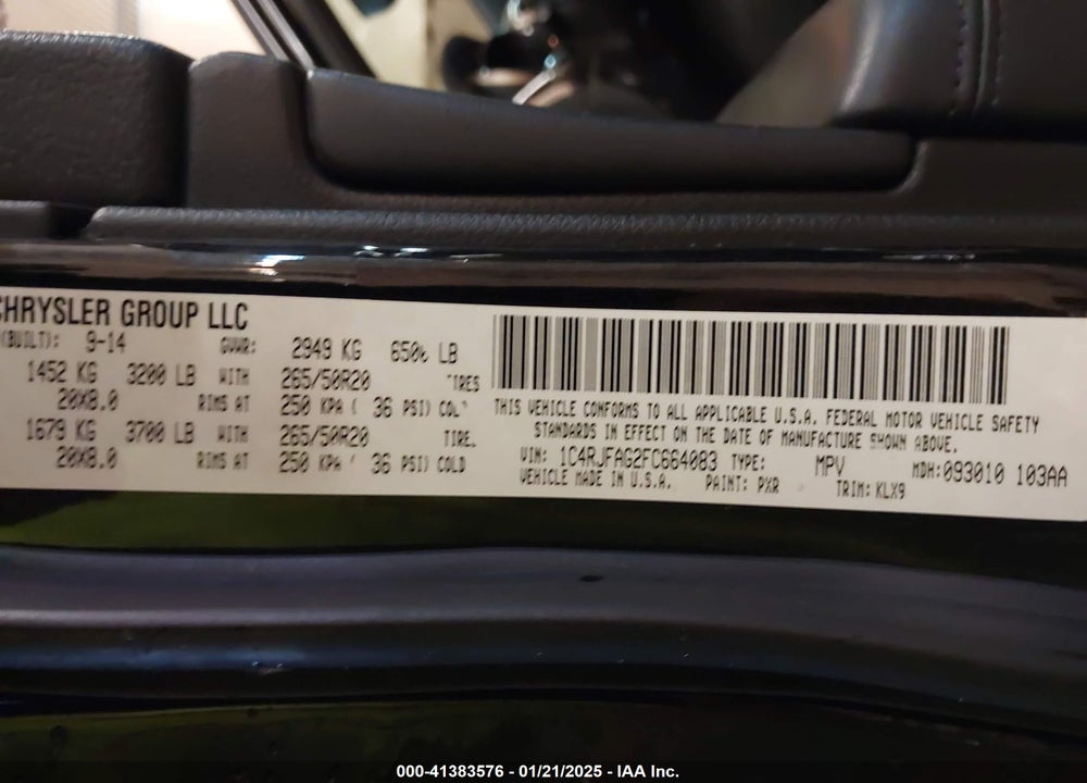 2015 JEEP GRAND CHEROKEE ALTITUDE VIN: 1C4RJFAG2FC664083