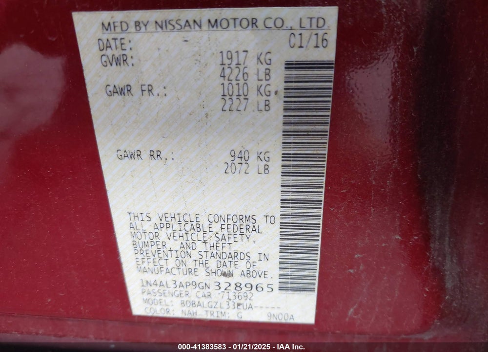 2016 NISSAN ALTIMA VIN: 1N4AL3AP9GN328965
