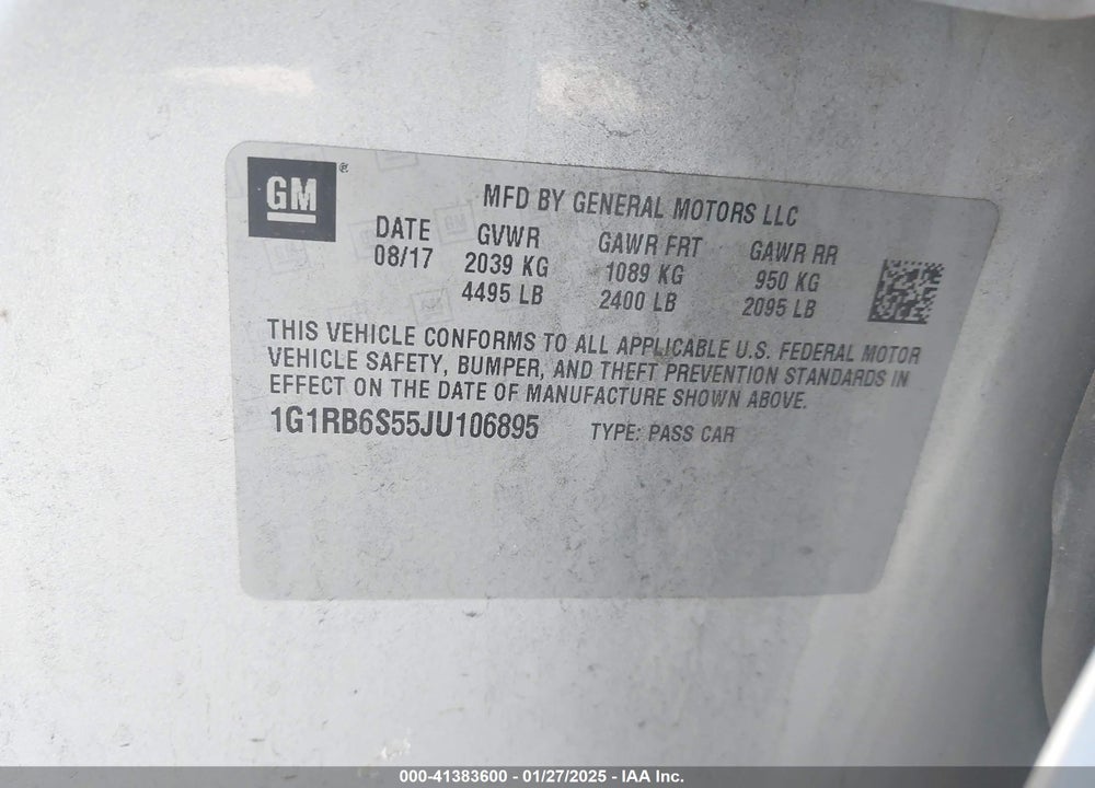 2018 CHEVROLET VOLT VIN: 1G1RB6S55JU106895