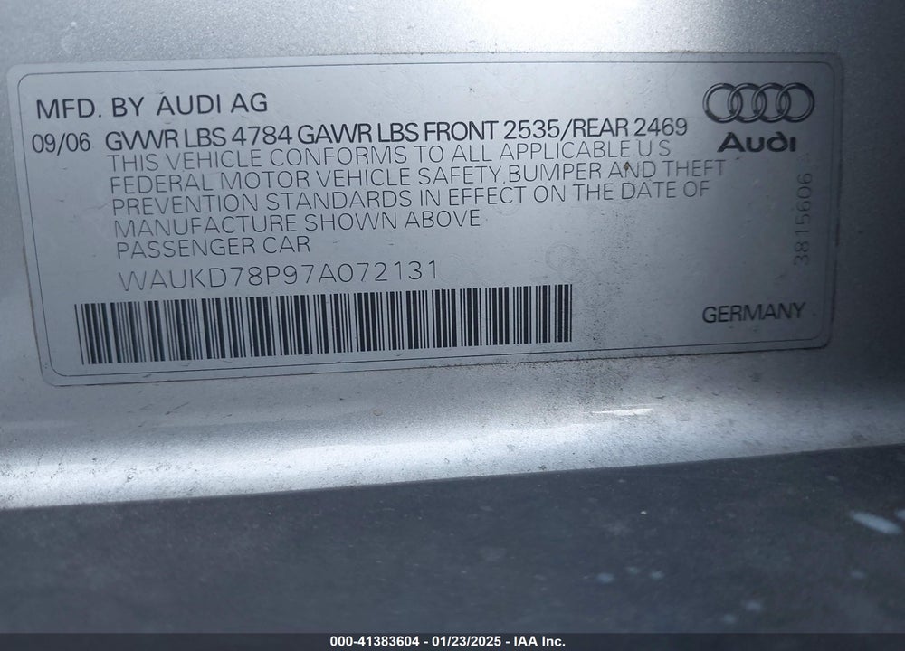 2007 AUDI A3 VIN: WAUKD78P97A072131
