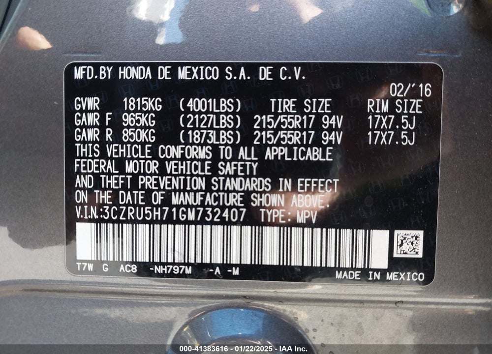2016 HONDA HR-V EX-L VIN: 3CZRU5H71GM732407