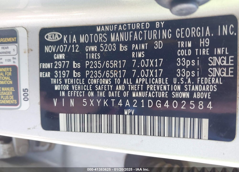 2013 KIA SORENTO LX V6 VIN: 5XYKT4A21DG402584