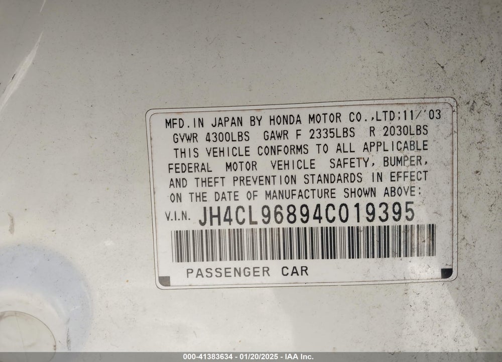 2004 ACURA TSX VIN: JH4CL96894C019395