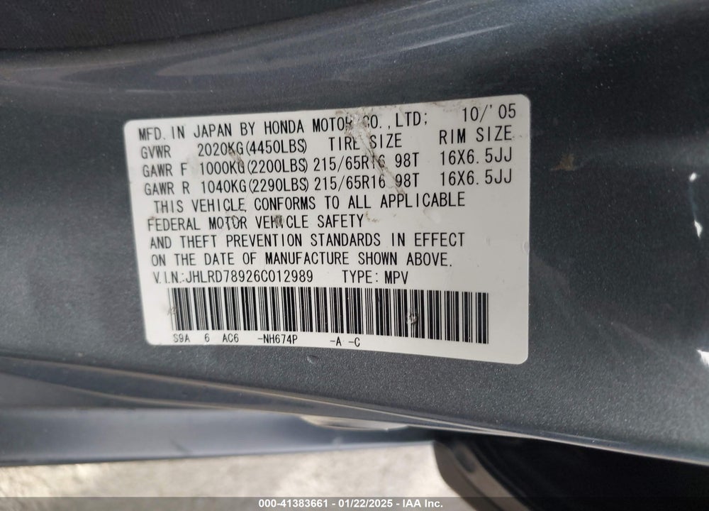 2006 HONDA CR-V SE VIN: JHLRD78926C012989