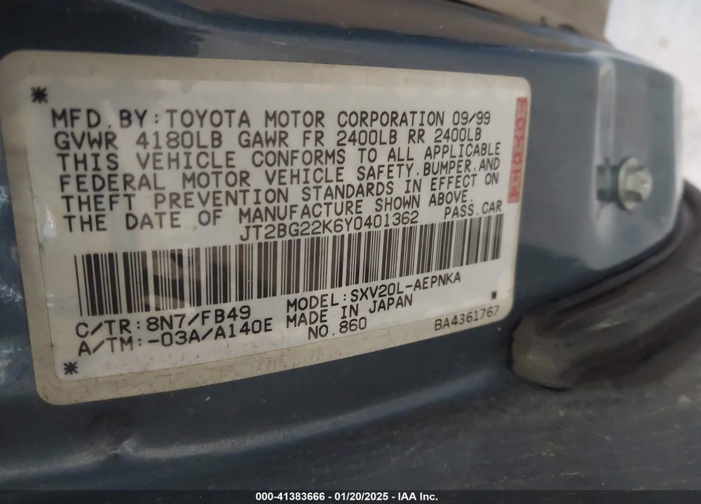 2000 TOYOTA CAMRY LE VIN: JT2BG22K6Y0401362