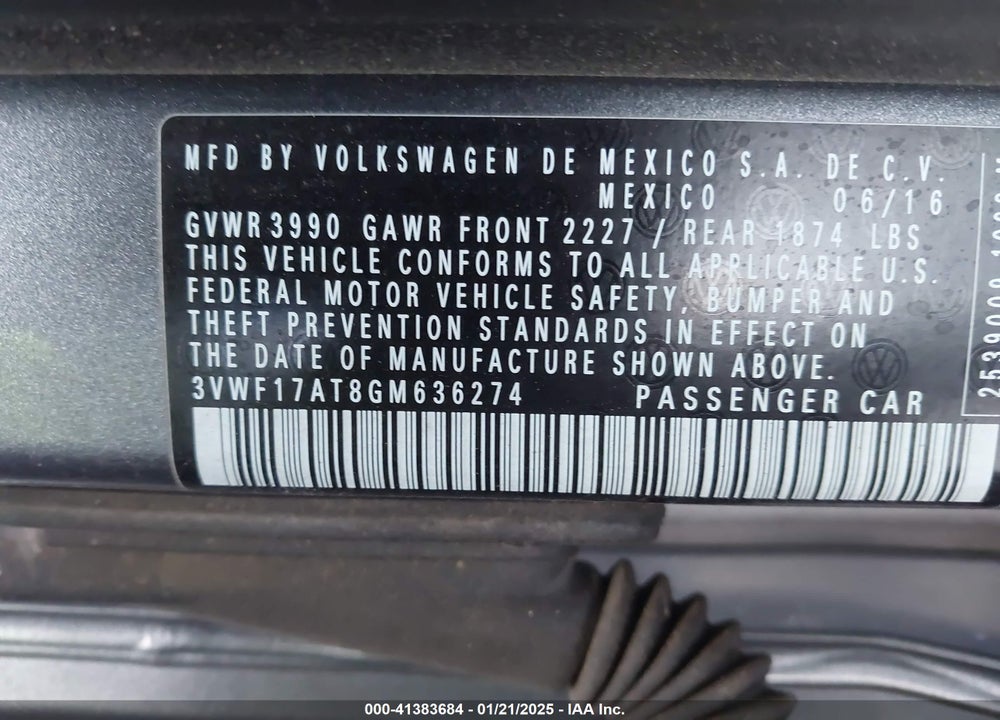 2016 VOLKSWAGEN BEETLE VIN: 3VWF17AT8GM636274