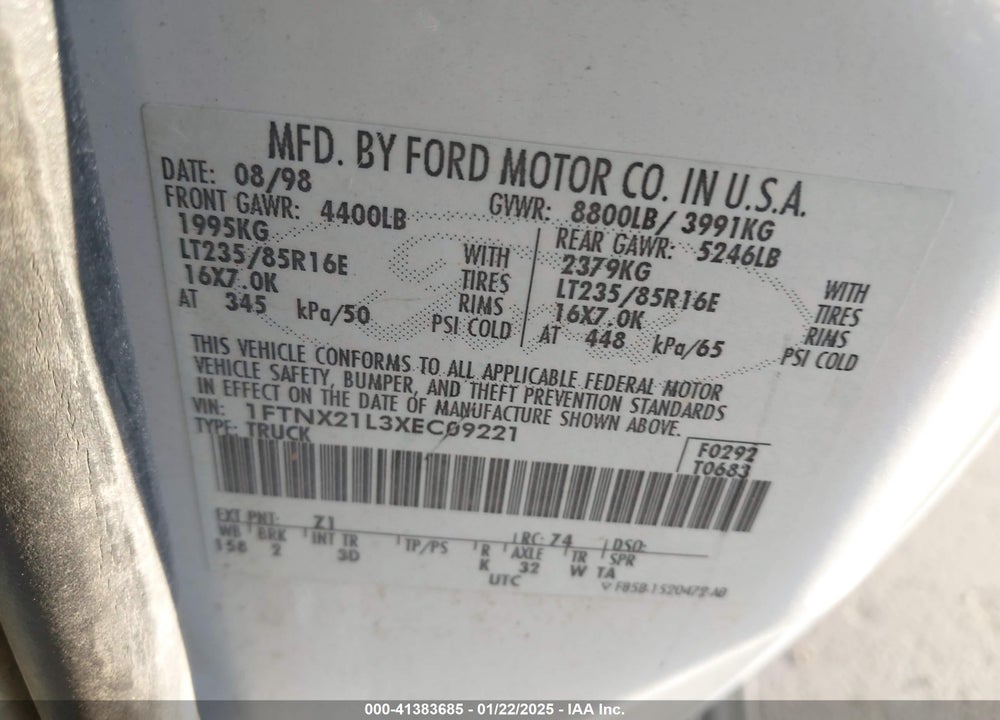 1999 FORD F-250 LARIAT/XL/XLT VIN: 1FTNX21L3XEC09221