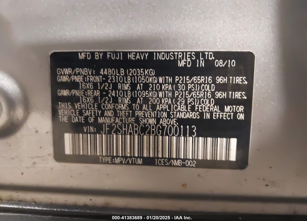 2011 SUBARU FORESTER 2.5X VIN: JF2SHABC2BG700113