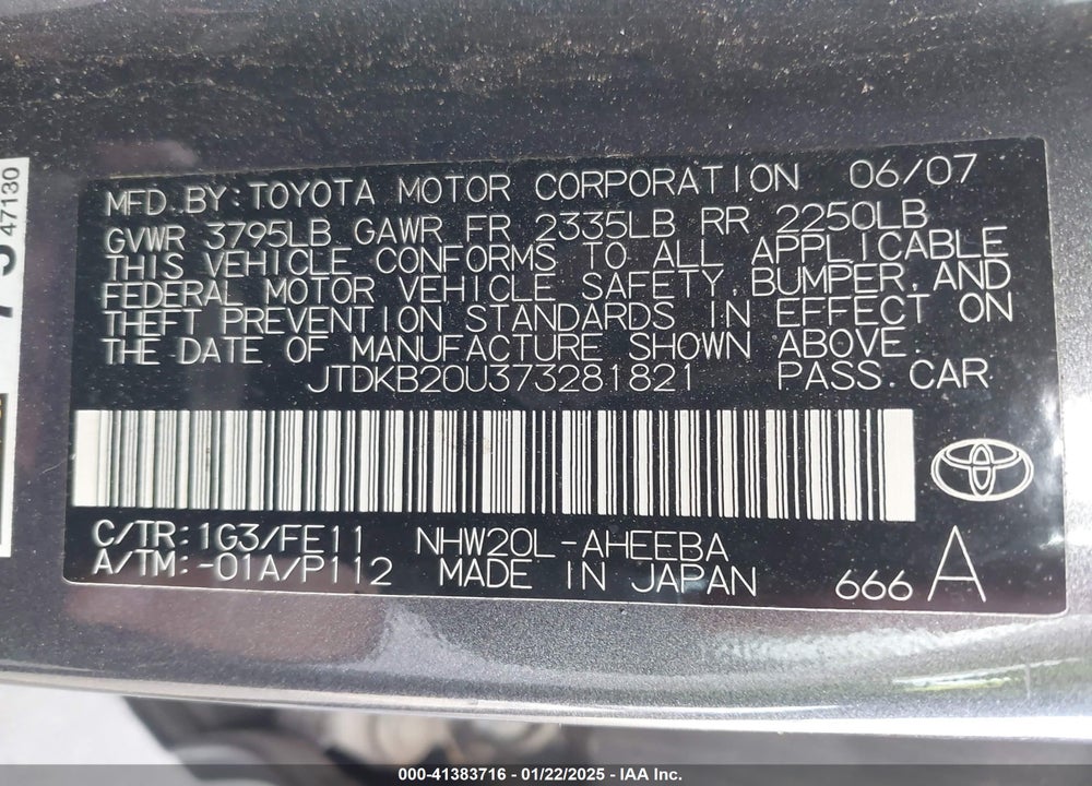 2007 TOYOTA PRIUS VIN: JTDKB20U373281821