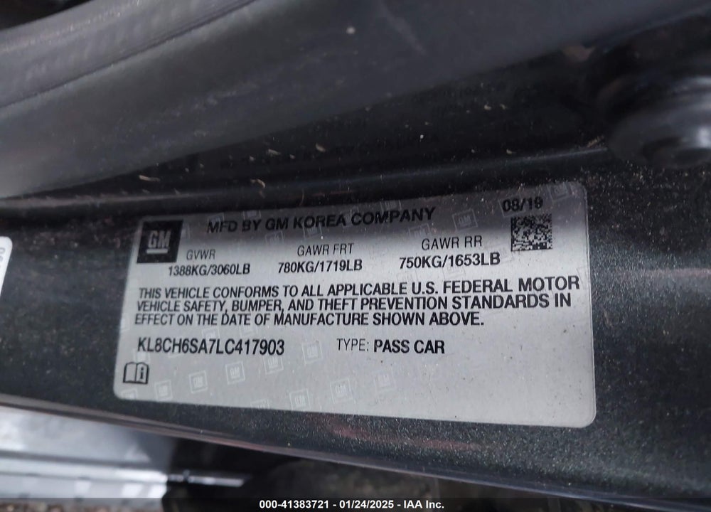 2020 CHEVROLET SPARK VIN: KL8CH6SA7LC417903
