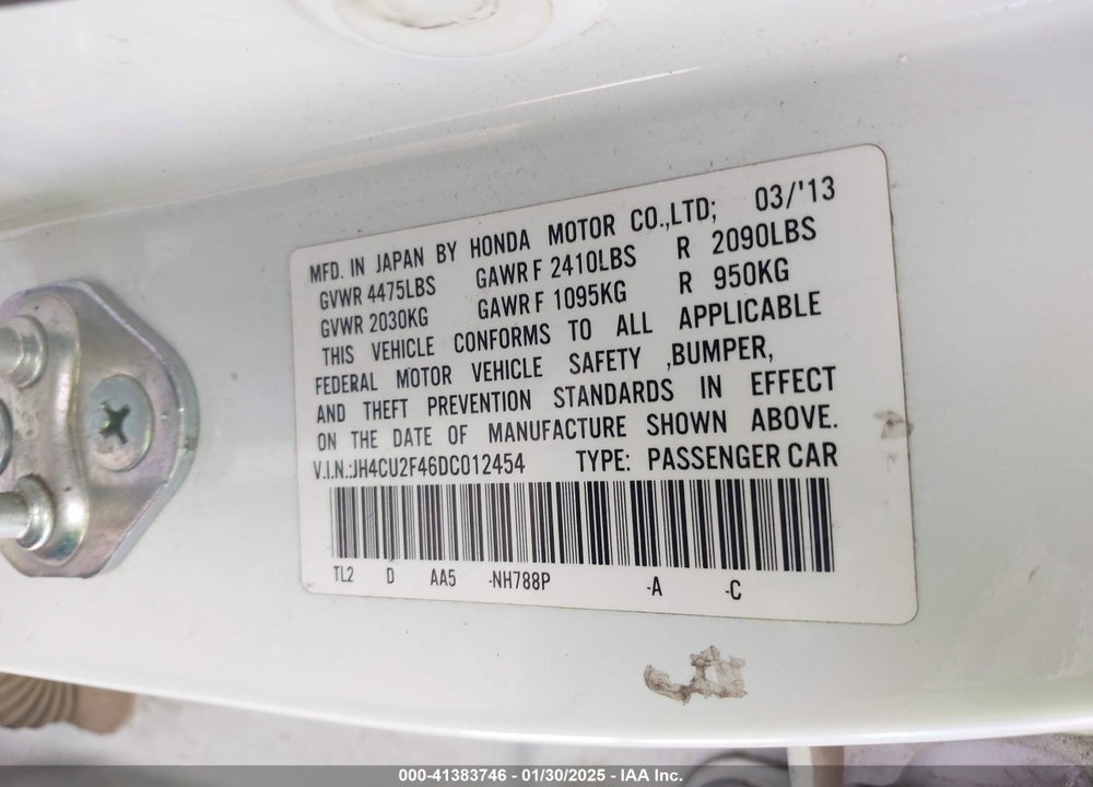 2013 ACURA TSX VIN: JH4CU2F46DC012454